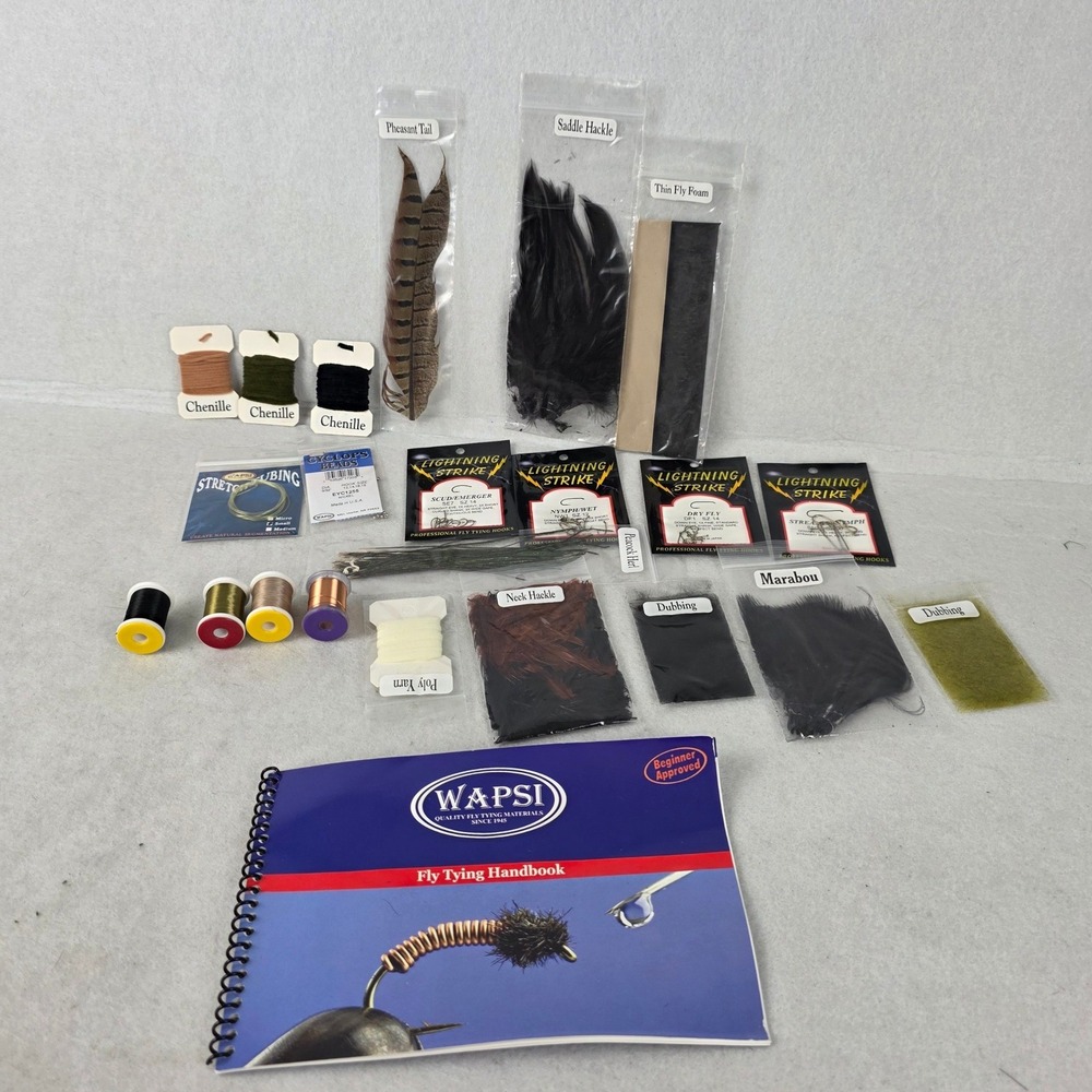 Wapsi Fly Tying Handbook & Materials Lot Hooks Feathers Chenille Beads Kit new